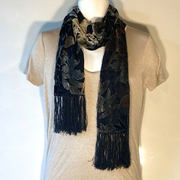 Scarf Leaf Nature Burnout Velvet Print Wrap Black & Gray Whimsigoth Witchy Forma - Picture 1 of 8
